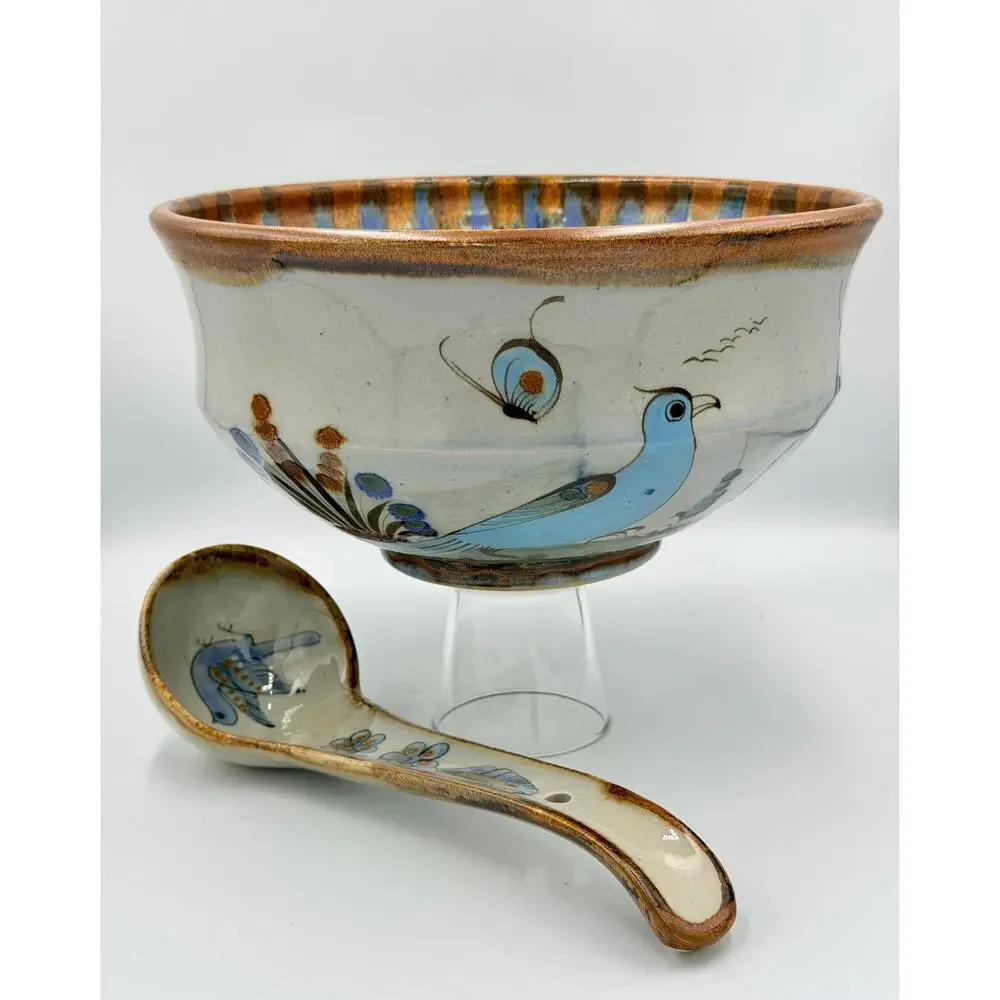 Folk-Art Ken Edwards Palomar Tonala Pottery Hand Painted Punch Bowl w/Ladle